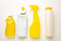 Plastic bottles of cleaning products for cleaning on white background Royalty Free Stock Photo