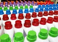 Plastic bottles with colorful caps. Products for home care,house cleaning and hygiene Royalty Free Stock Photo