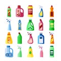 Plastic bottles with detergent set. Bottles of various shapes with soapy chemical liquid for cleaning, bleaching