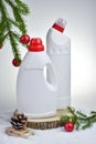 Minimum. Christmas background with household chemicals. Plastic. Happy New Year. House and apartment cleaning before