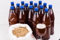 Plastic bottles and glass of craft beer with bag of light malt on a wooden table on white background. Craft beer brewing from