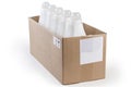 Plastic bottles of liquid laundry detergent in cardboard box Royalty Free Stock Photo