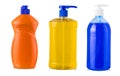 plastic bottles with liquid laundry detergent, cleaning agent, bleach or fabric softener isolated on white background. Royalty Free Stock Photo