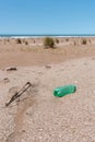 Plastic bottles lying on the sand near the beach and behind them you can see the horizon in the sea. Care of the earth Royalty Free Stock Photo