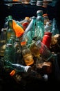 Illustration of plastic waste in the sea underwater with reflection above Royalty Free Stock Photo