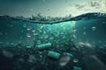 Plastic bottles and plastic parts float underwater in the ocean and pollute the sea - 3d illustration Generative AI