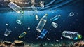 Plastic bottles and plastic parts float underwater in the ocean and pollute the sea, beaches and the wildlife