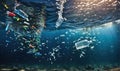 Plastic bottles and plastic parts float underwater in the ocean and pollute the sea, beaches and the wildlife