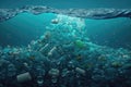 Plastic bottles and plastic parts float underwater in the ocean and pollute the sea - 3d illustration Generative AI