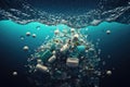 Plastic bottles and plastic parts float underwater in the ocean and pollute the sea - 3d illustration Generative AI