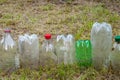 Plastic bottles. A row of used cut old dirty plastic bottles on dried grass. Environmental pollution concept. Ecological problem. Royalty Free Stock Photo