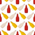 Plastic bottles sauce of tomato ketchup, mayonnaise and mustard in seamless pattern