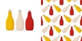 Plastic bottles sauce of tomato ketchup, mayonnaise and mustard in seamless pattern.