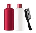 Plastic bottles shampoo and black comb isolated on white Royalty Free Stock Photo
