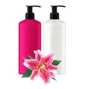 Plastic bottles shampoo and pink lilly isolated on white Royalty Free Stock Photo