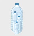 Plastic bottles of various sizes filled with water. Transparent container with liquid inside