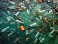 Plastic bottles and waste washed up on a beach. Micro plastic sea pollution