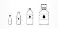 Plastic bottles with water icon set. Different sizes. Black outline. Vector illustration, flat design Royalty Free Stock Photo