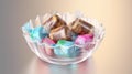 a plastic bowl filled with assorted candy on a table top with a light background in the backround of the bowl is a light brown Royalty Free Stock Photo