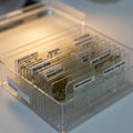 A plastic box containing an organized collection of glass microscope slides, each Royalty Free Stock Photo