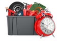 Plastic box full of car tools, equipment and accessories with alarm clock, 3D rendering