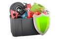 Plastic box full of car tools, equipment and accessories with shield. 3D rendering