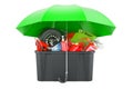 Plastic box full of car tools, equipment and accessories under umbrella. 3D rendering