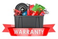 Plastic box full of car tools, equipment and accessories, warranty concept. 3D rendering