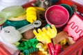 Plastic box full of old sand toys Royalty Free Stock Photo