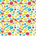 Plastic bricks seamless pattern. Colorful in isometric view. Building blocks for children construction kits. Toy erector