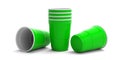 Plastic bright green color cups isolated on white background. 3d illustration