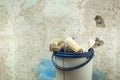 Plastic bucket with construction tools. Renovation concept. Royalty Free Stock Photo