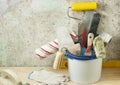 Plastic bucket with construction tools. Renovation concept. Royalty Free Stock Photo