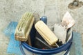 Plastic bucket with construction tools. Renovation concept. Royalty Free Stock Photo
