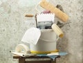 Plastic bucket with construction tools. Renovation concept. Royalty Free Stock Photo