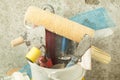 Plastic bucket with construction tools. Renovation concept. Royalty Free Stock Photo