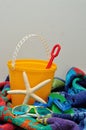 A plastic bucket displayed with a towel. spade, shoes, sunglasses and a starfish