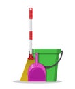 Plastic bucket, dustpan and broom.