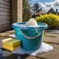 Plastic bucket full of soap and water , awaiting a dirty car to clean Royalty Free Stock Photo