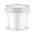 Plastic bucket with lid, metal handle and blank label, vector mockup. Packaging pail container, template Royalty Free Stock Photo