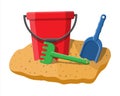 Plastic bucket with rake and shovel Royalty Free Stock Photo