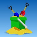 Plastic bucket with rake and shovel. Royalty Free Stock Photo