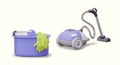 Plastic bucket with rubber gloves, vacuum cleaner. Set of vector objects for indoor cleanup concepts Royalty Free Stock Photo