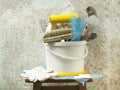 Plastic bucket with construction tools. Renovation concept. Royalty Free Stock Photo