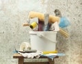 Plastic bucket with construction tools. Renovation concept. Royalty Free Stock Photo
