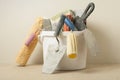 Plastic bucket with construction tools. Building and renovation concept. Royalty Free Stock Photo