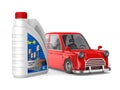 Plastic canister motor oil and car on white background. Isolated 3D illustration Royalty Free Stock Photo