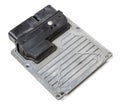 Plastic car engine control unit with metal elements on a white isolated background is the connecting center of various subsystems Royalty Free Stock Photo