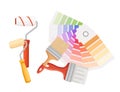 Plastic or cardboard color palette guide with brushes and paint roller vector illustration on white background Royalty Free Stock Photo