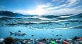 Plastic carrier bags and other garbage pollution in ocean. environmental pollution ocean and water with garbage plastic and human Royalty Free Stock Photo